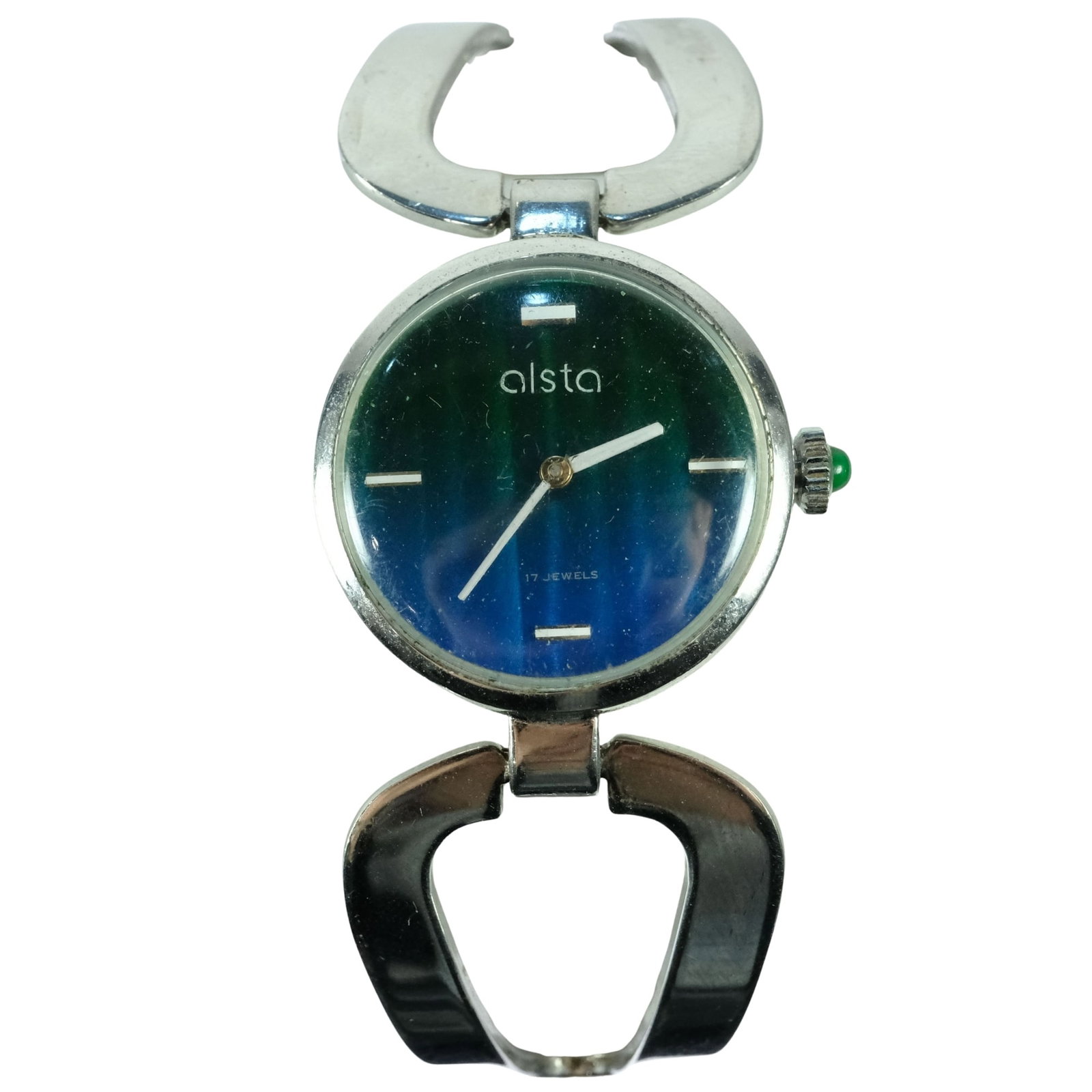 Vintage Woman's Alsta Wristwatch with graduating Blue Green Dial: 17 Jewels. Metal Bracelet Size Case approx 27mm Condition Mechanical. Working Medium Vintage