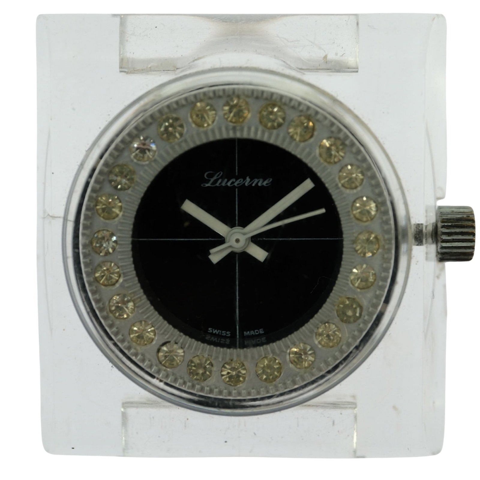 Vintage Woman's Lucerne 'Chancellor' Wristwatch in Square Lucite Acrylic with exposed Movement: No Band Size Case approx 40x35mm Condition Mechanical. Working Medium Vintage