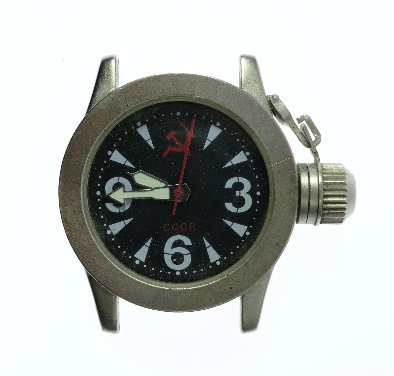 Vintage CCCP (Russian) Wristwatch with Silver Case & Black Dial: No Band Size Case approx 38mm Condition Quartz. Working Medium Vintage