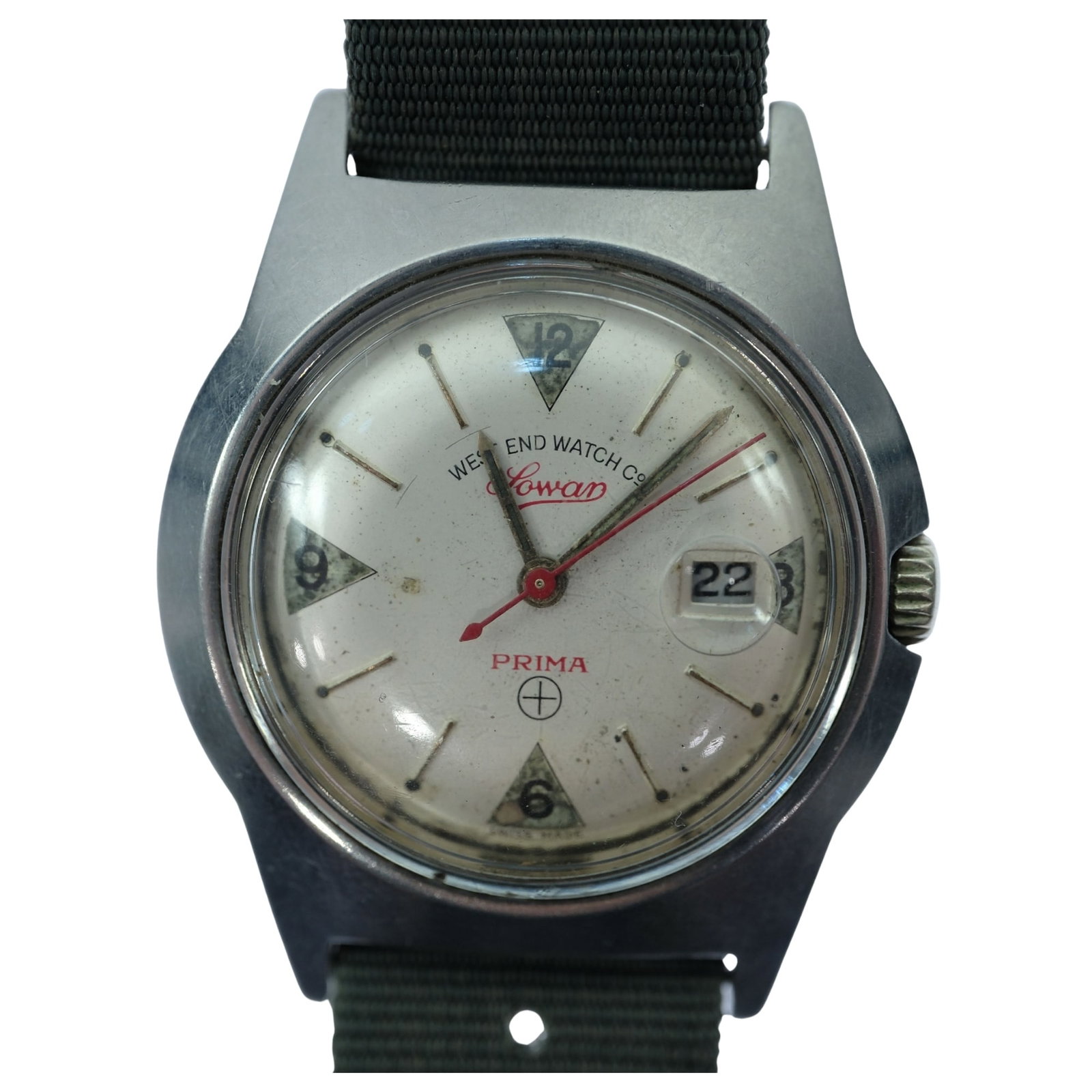 Vintage Men's West End Watch Co 'Lowan - Prima' Wristwatch with Silver Case & Dial: Model# 3721. Date Function With Contemporary Strap Band Size Case approx 33mm Condition Mechanical. Working Medium Vintage