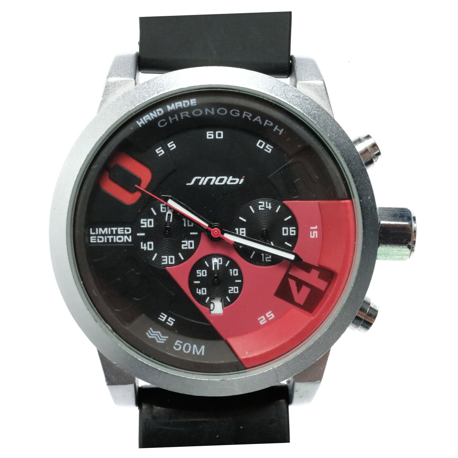 Modern Sinobi Brand Men's Chronograph with Silver Case & Red & Black Dial. NEAR NEW: Model# S1016G. Rubber Band. Hand Made & Limited Edition. Size Case aprox 50mm Condition Quartz Untested. Needs Battery Medium Vintage