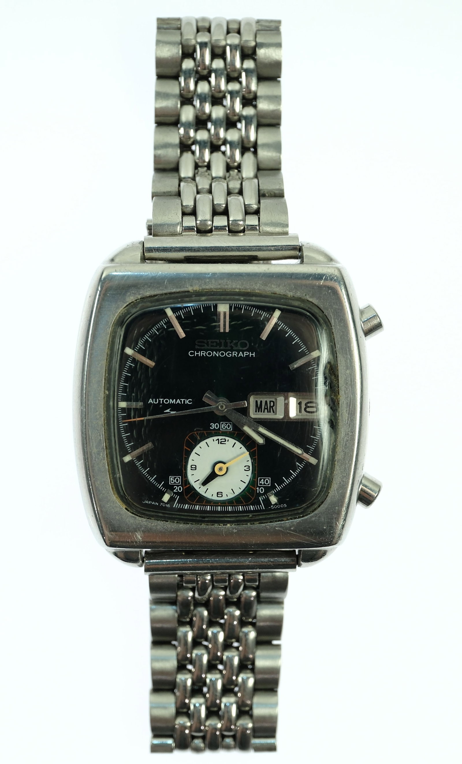 Vintage Men's Seiko 'Monaco' Chronograph with Silver Case & Black Dial - 2