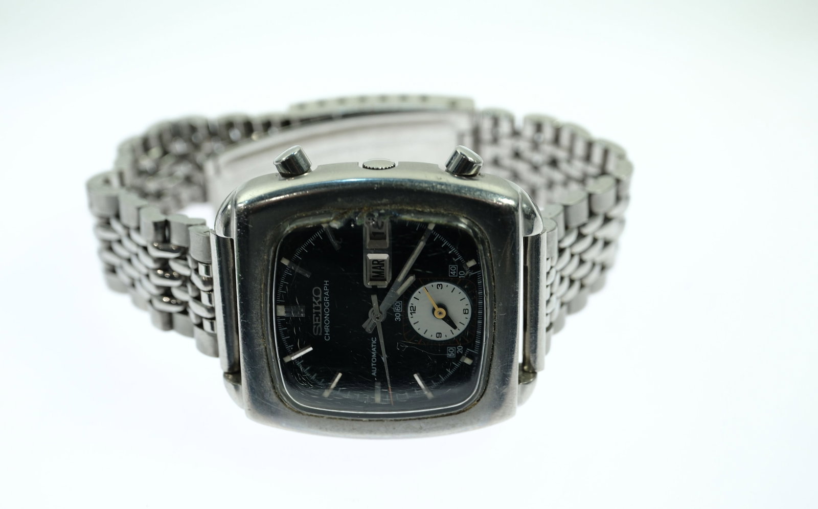 Vintage Men's Seiko 'Monaco' Chronograph with Silver Case & Black Dial - 3