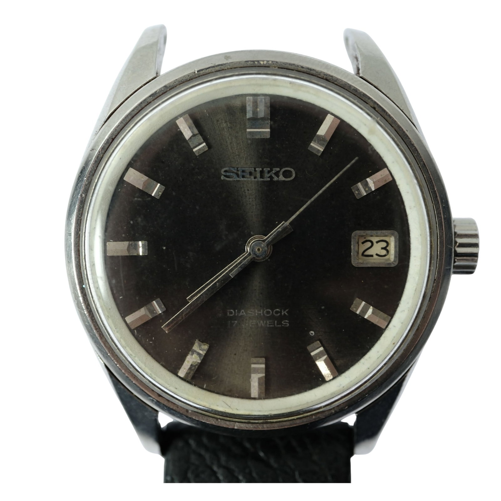 Vintage Men's Seiko 'Diashock' Wristwatch with Silver Case & Black Dial: 17 Jewels. Missing Half of Band and Connector Pin Size Case approx 34mm Condition Mechanical. Working Medium Vintage