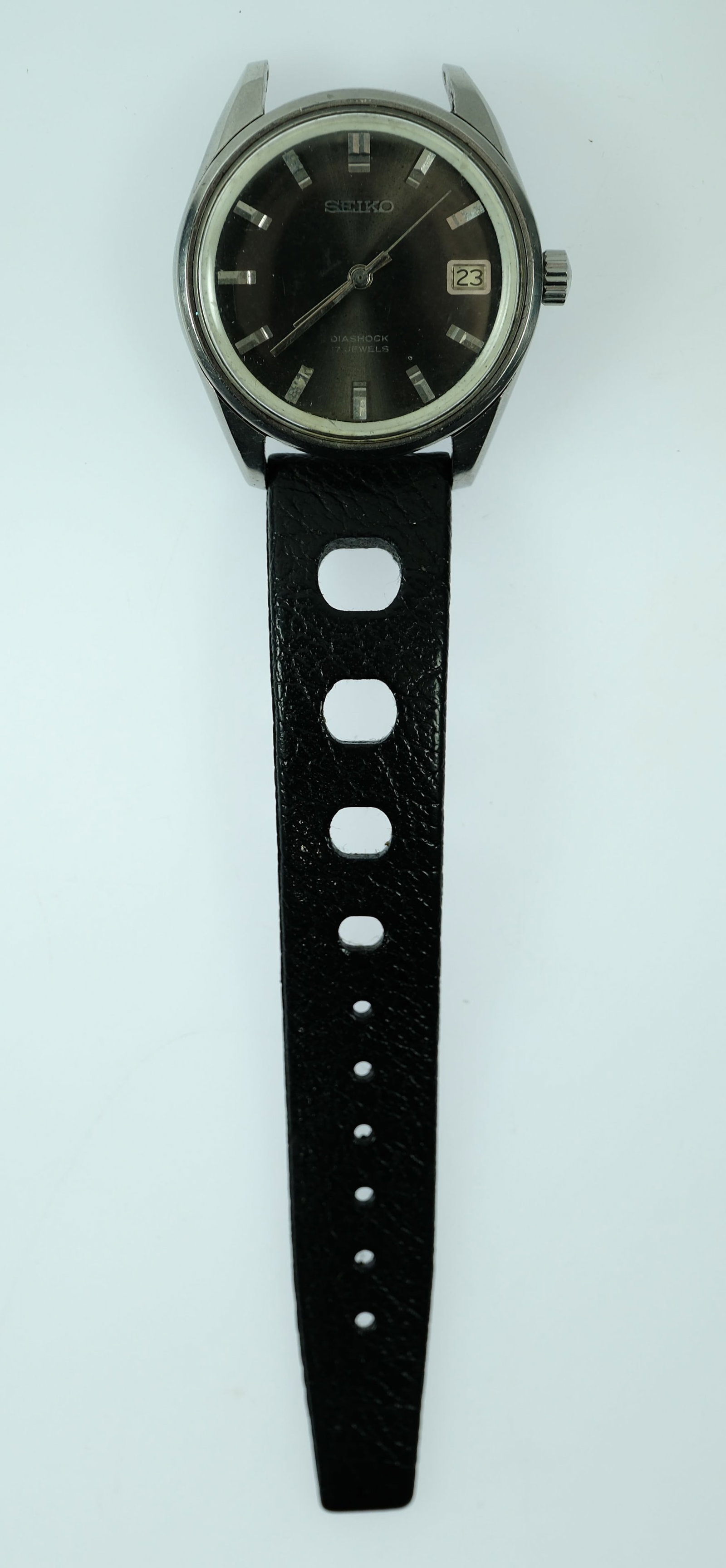 Vintage Men's Seiko 'Diashock' Wristwatch with Silver Case & Black Dial - 2