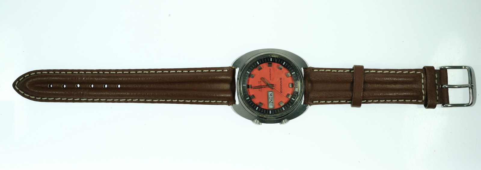 Vintage Men's Sandoz 'Monsoon Sports' Wristwatch with Silver Case & Orange Dial - 2