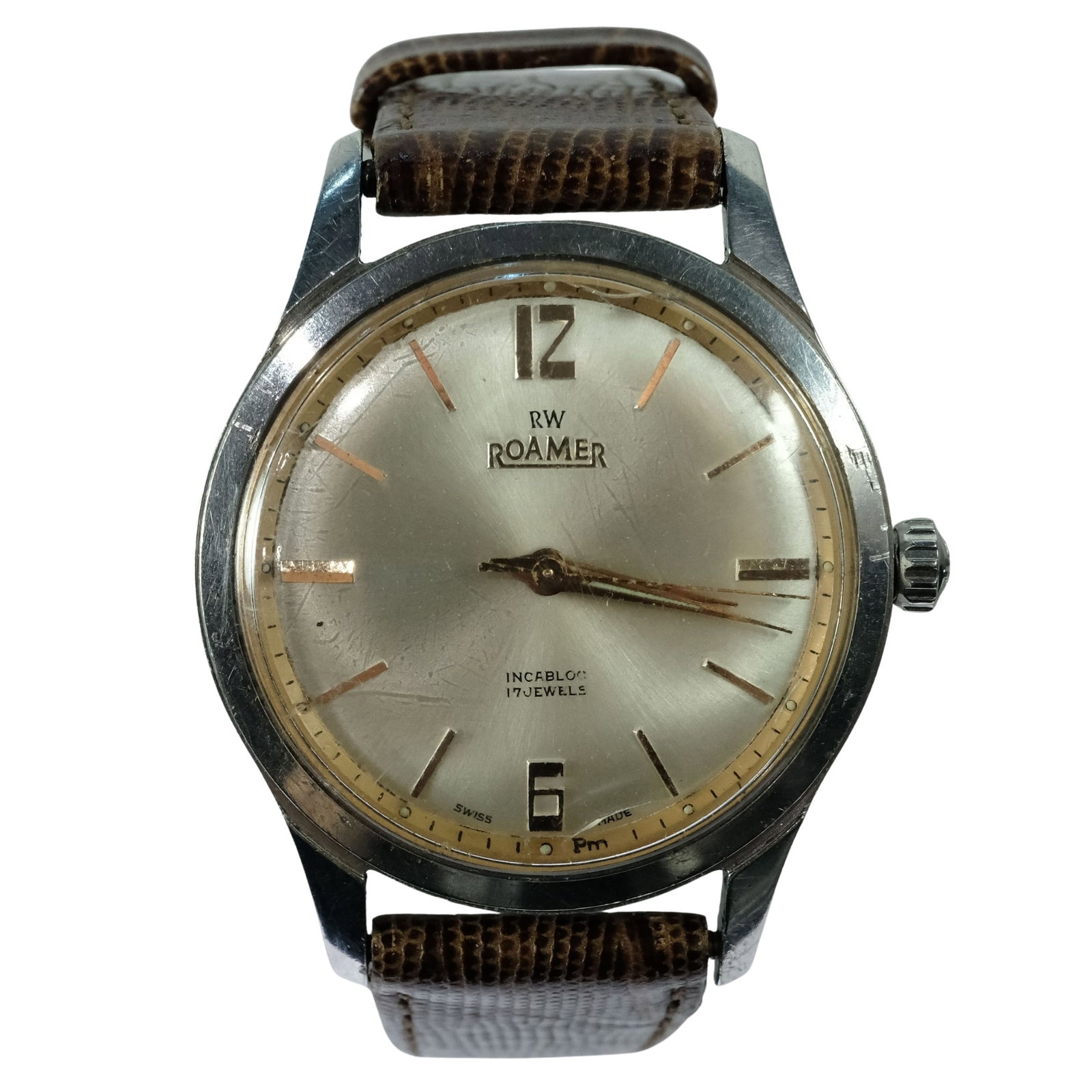 Vintage Men's RW Roamer 'Brevete' Wristwatch with Silver Case, Silver Dial & Gold Hands: New Leather Band Size Case approx 33mm Condition Mechanical. Working. Small edge crack to original glass noted Medium Vintage