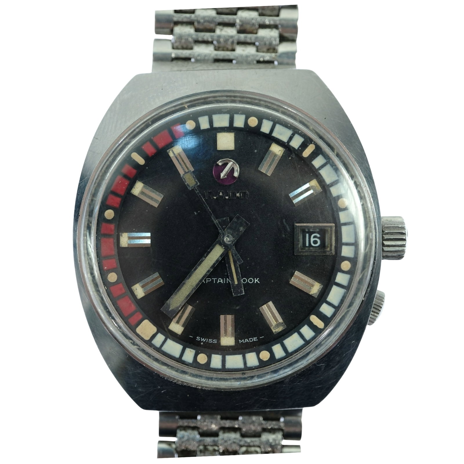 Vintage Men's Rado 'Captain Cook' Wristwatch with Silver Case & Black Dial: Model# 11773/2. Date Function. Metal Bracelet Band Size Case approx 36mm Condition Automatic. Working Medium Vintage