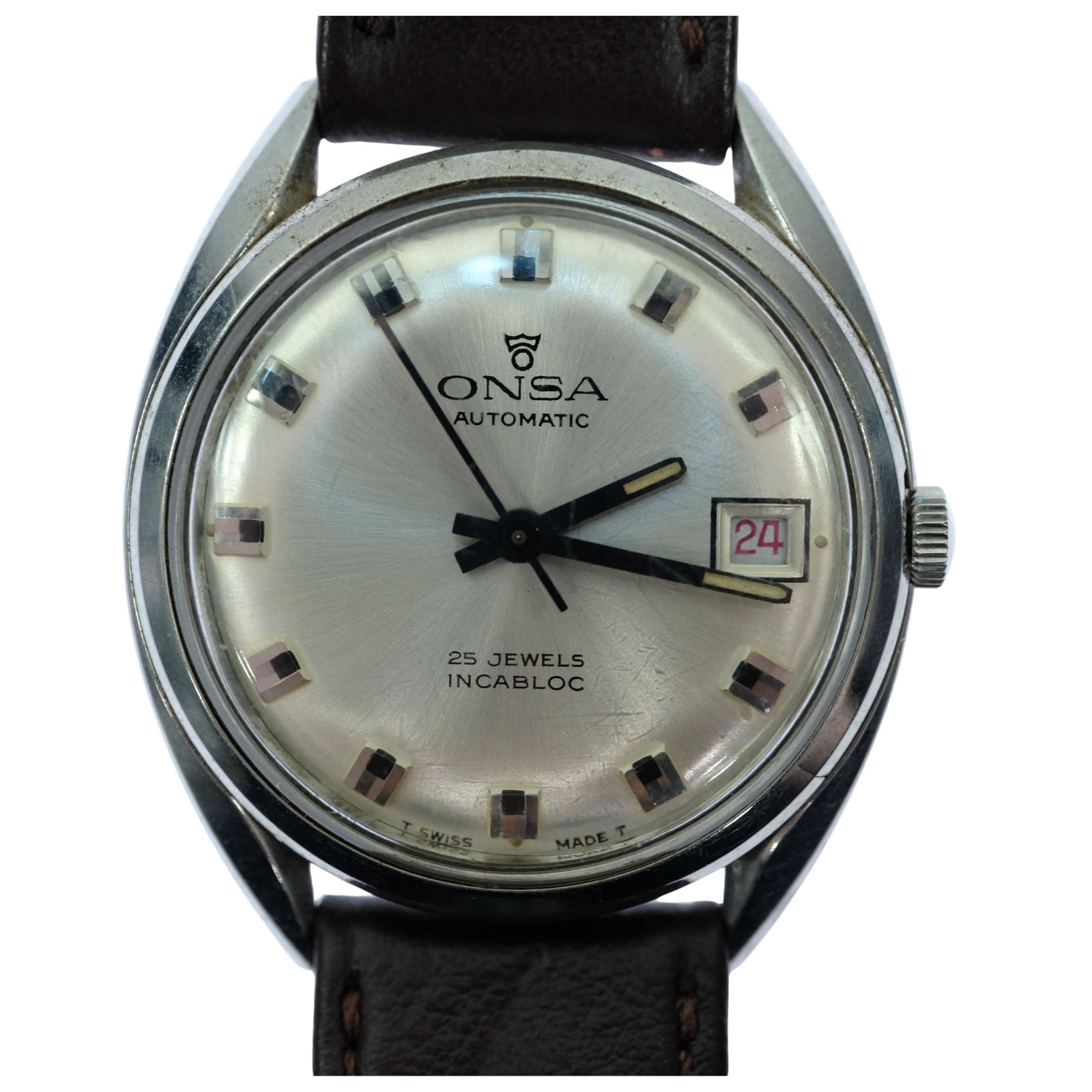 Vintage Men's Onsa Wristwatch with Silver Case & Dial: Model# 6318 - B. New Leather Band Size Case approx 34mm Condition Automatic. Working but needs servicing as Hour Hand not aligning on the Hour. Medium Vintage
