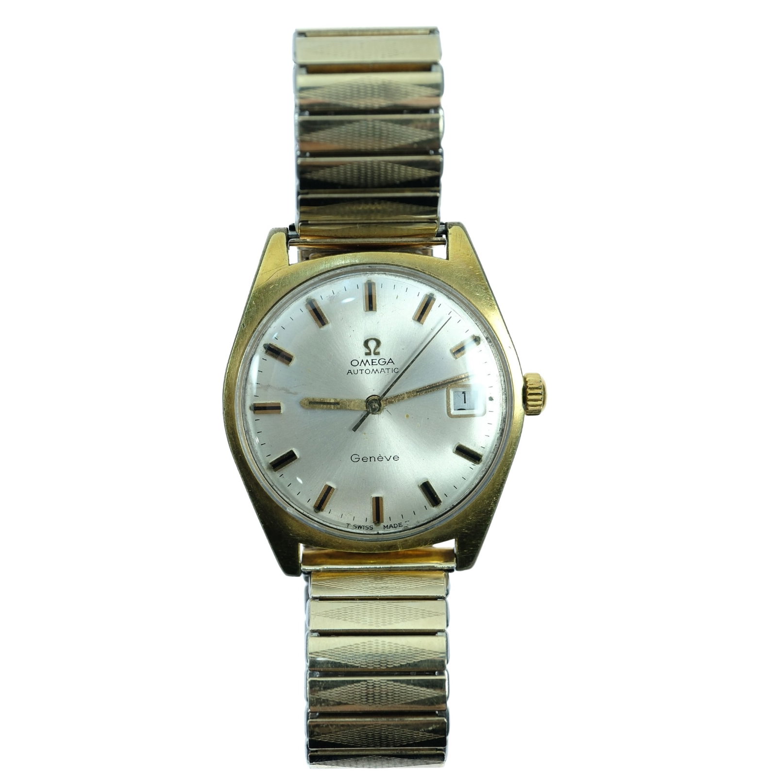 Vintage Men's Omega "Geneve' Wristwatch with Gold Case & Pearl Dial: Date Function. Metal Expander Band Size Case approx 34mm Condition Automatic. Working Medium Vintage
