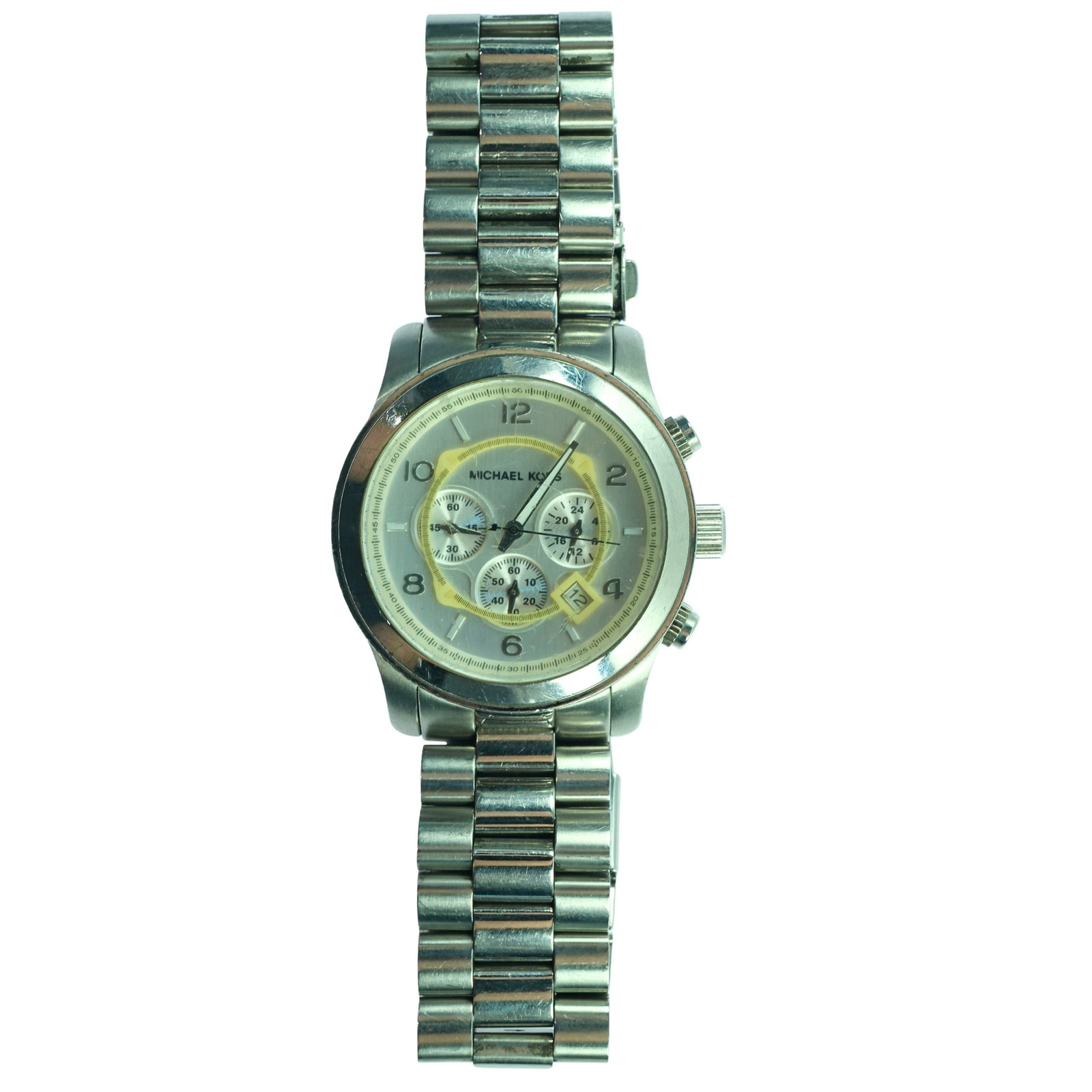 Modern Men's Michael Kors Chronograph with Silver Case & Dial: Model# MK - 8086. Calendar Function. Factory Metal Band Size Case approx 44mm Condition Quatrtz Untested. Needs battery Medium Vintage