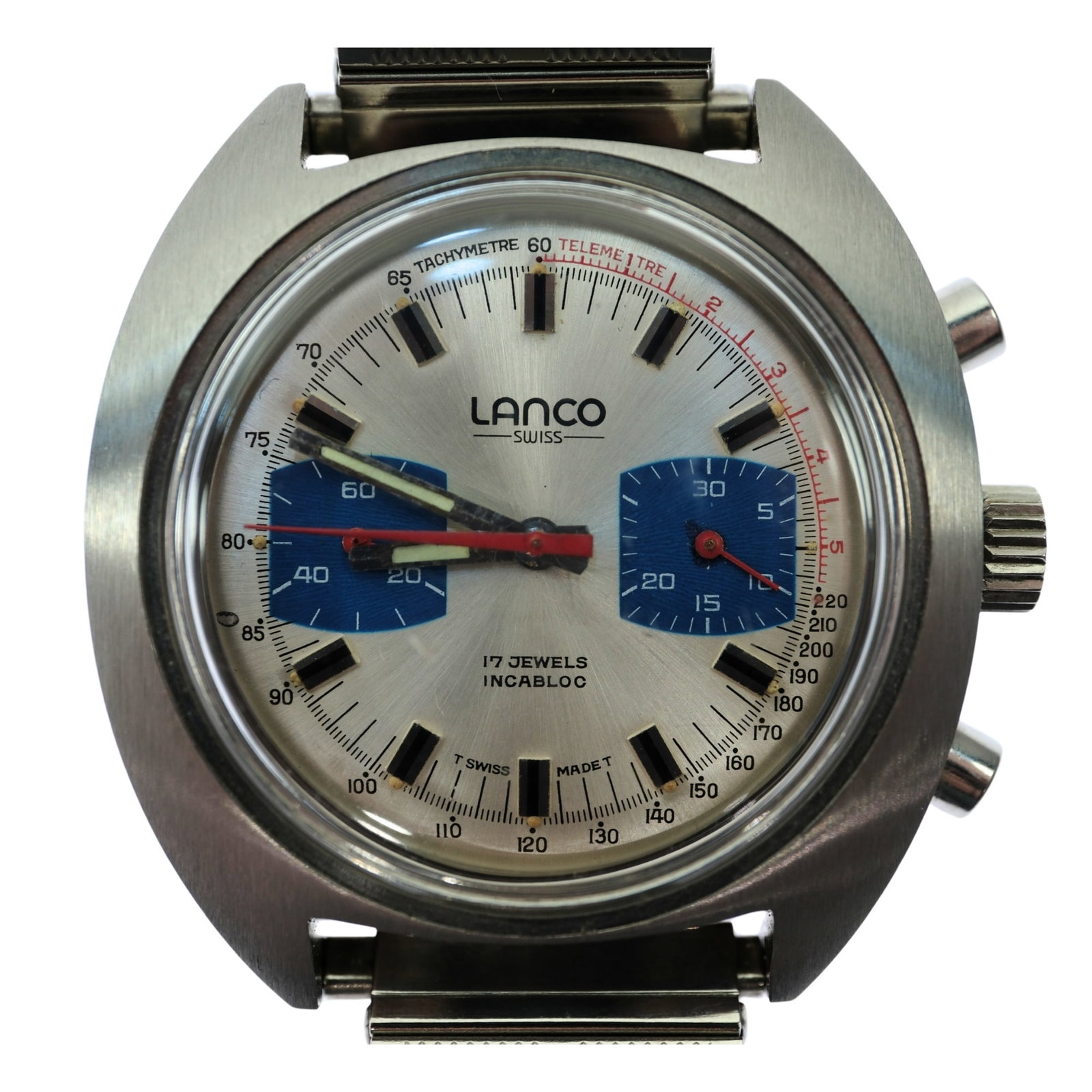 Vintage Men's Lanco 'Monaco' Dual Chronograph with Silver Case & Dial - NEAR NEW: 17 Jewels. Metal Expander Bracelet Size Case approx 40mm Condition Mechanical. Working Medium Vintage