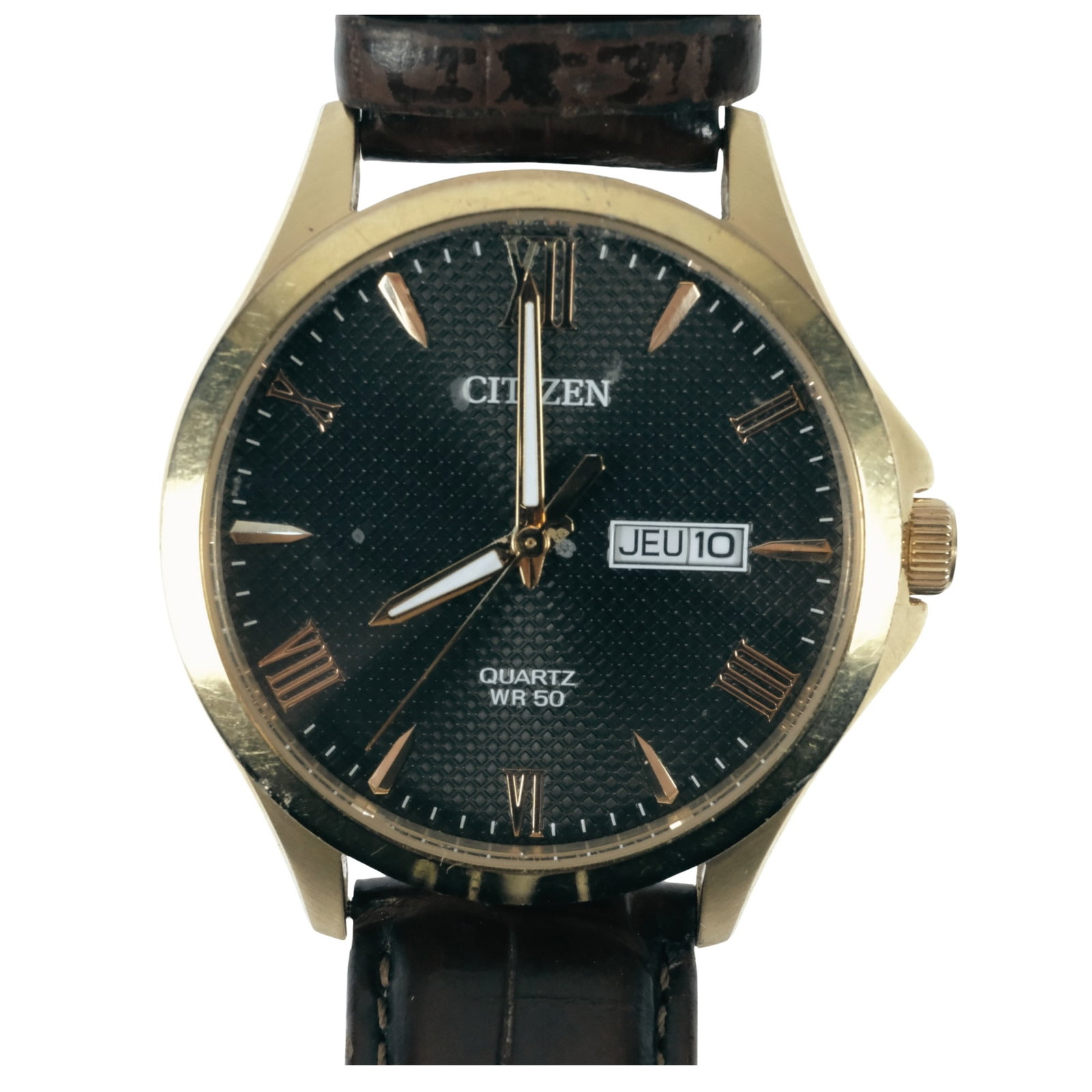 Modern Citizen Men's Dress Wristwatch with Gold Case & patterned Black Dial: Model# 1502 - S118557. Day & Date. Original Citizen Faux Crocodile Leather Band Size Case approx 40mm Condition Quartz Untested. Needs Battery Medium Vintage
