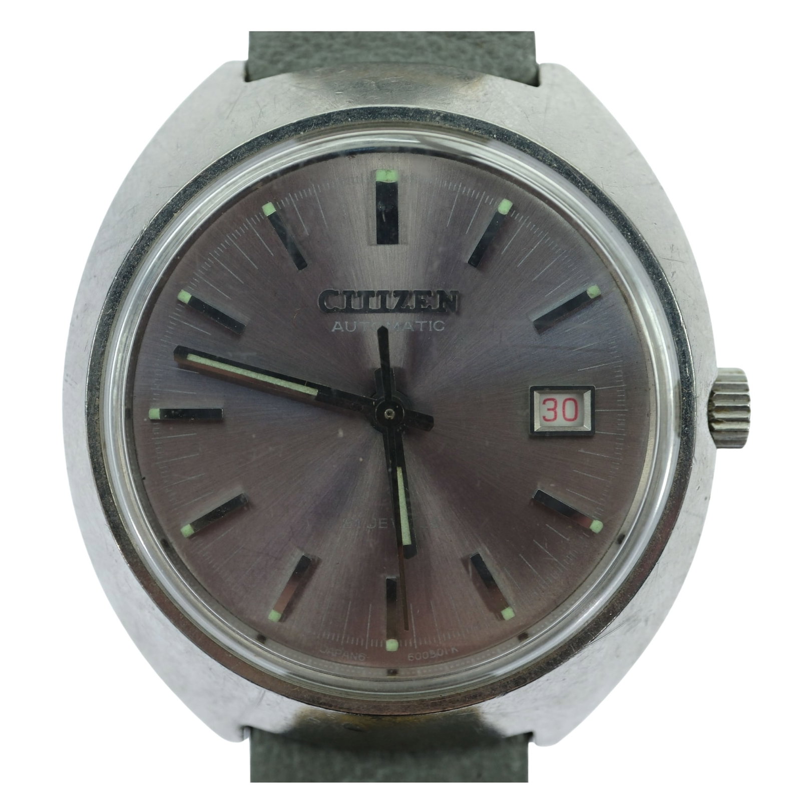 Vintage Men's Citizen 'Automatic' Silver Case Wristwatch with Subtle Pink Dial: Model# 62 - 6473. Date Function. New Lizard Skin Band Size Case approx 35mm Condition Automatic. Working Medium Vintage
