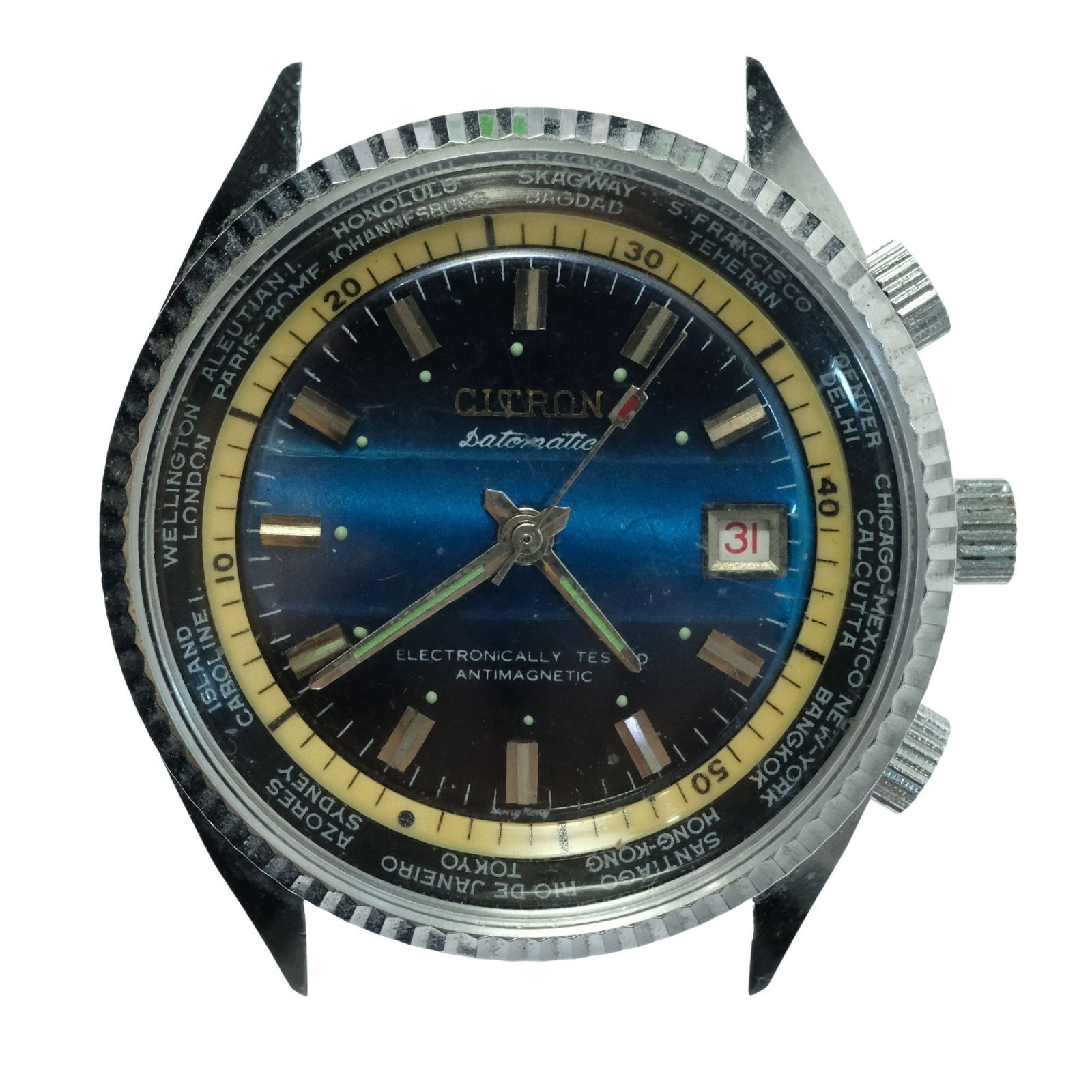 Vintage Men's Citron 'Datematic' Multi-function Silver Case Sports Watch with Blue Dial: Date Function. No Band. Missing Lug Connector Pins. Size Case approx 41mm Condition Automatic. Working Medium Vintage