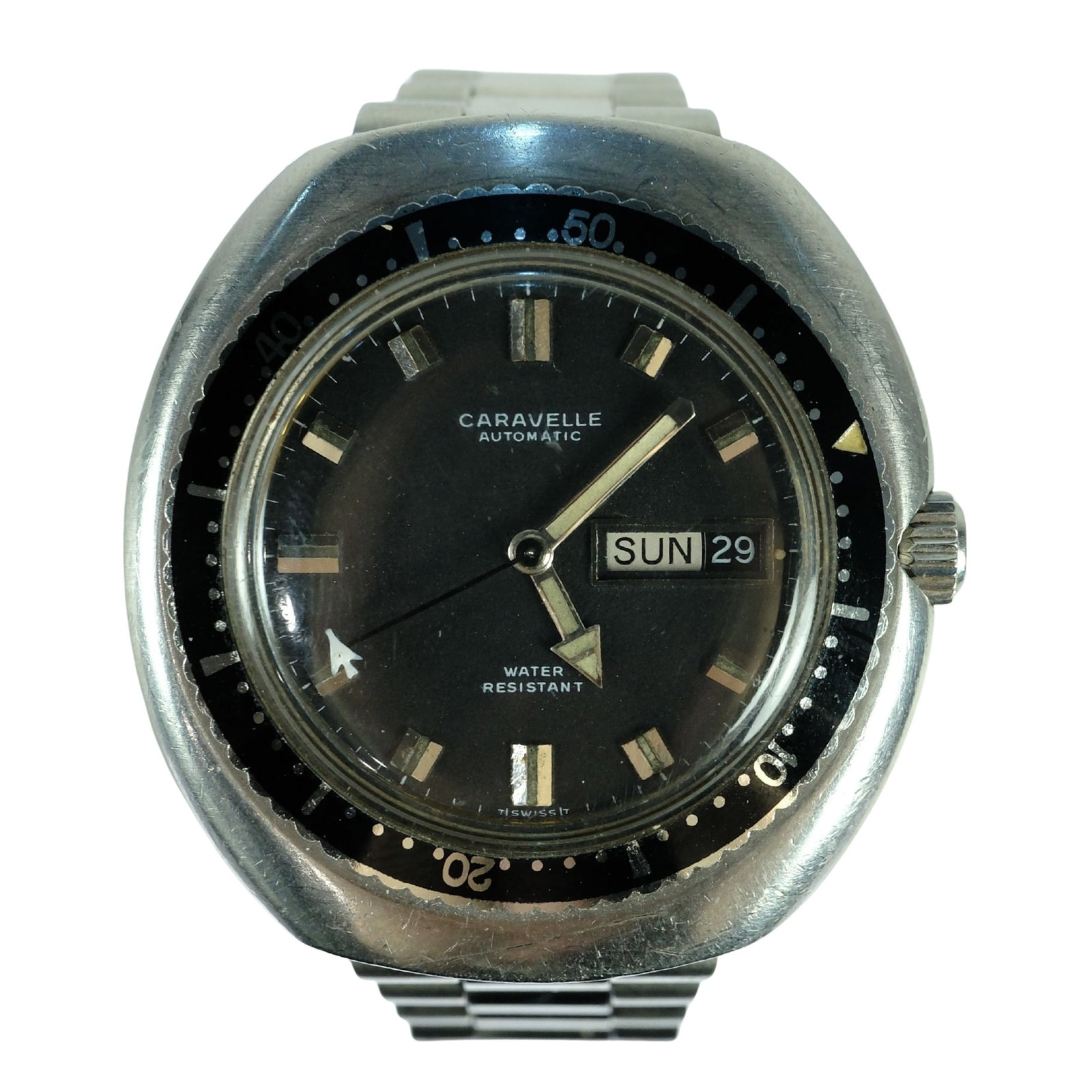 Vintage Men's Caravelle (Bulova) 'Jet Seconds' Diver Wristwatch with Silver Case & Black Dial: Day & Date Function. Metal Bracelet Size Case approx 45x42mm Condition Automatic. Working Medium Vintage
