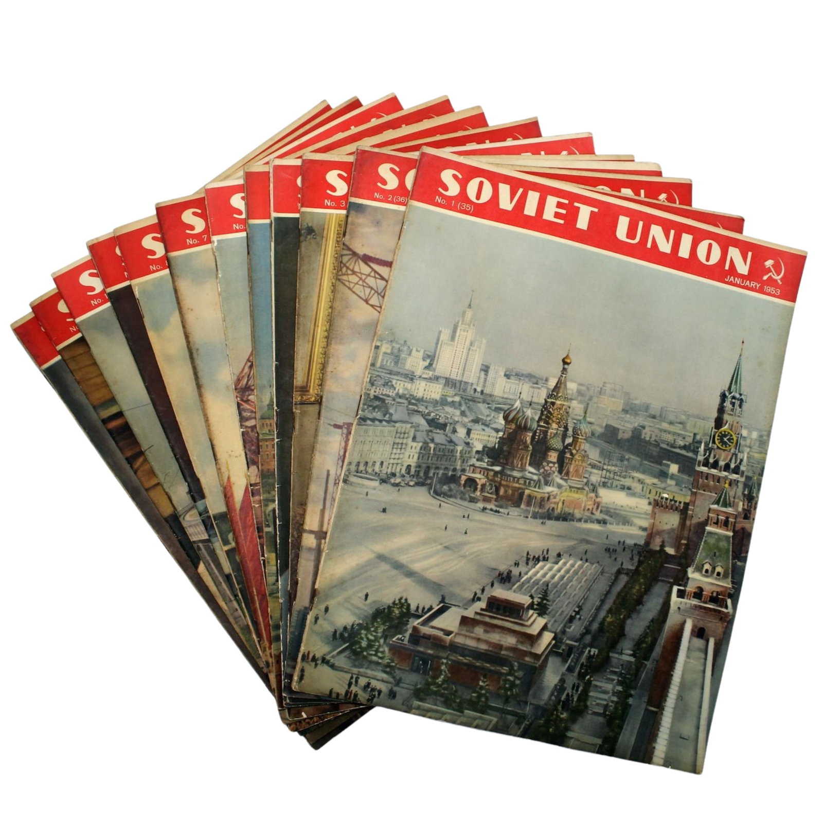 1953 Soviet Union Illustrated Monthly Magazines, Complete Year (12 items): No. 35 through 46 Medium Ephemera, Cards & Documents Exhibited Magazines