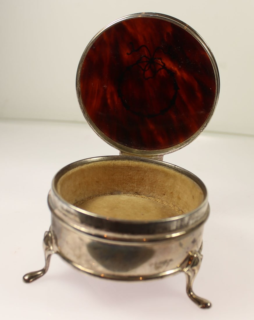Antique Sterling Silver (925) Make-up Compact on a Tripod Base with Tortoise Shell Hinged Lid - 2