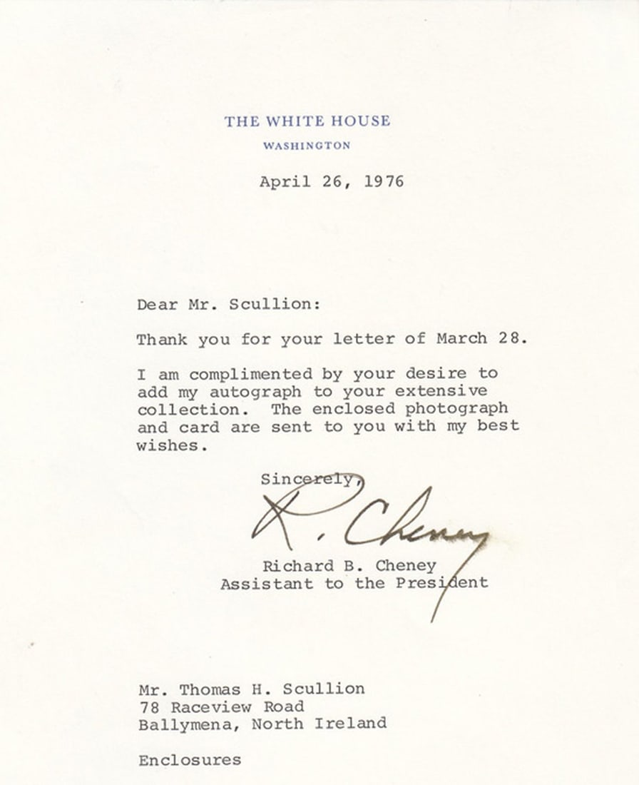 R(ichard) Cheney (U.S.A.) signature 'R. Cheney' on White House Card as Assistant to President (Ford) - 2