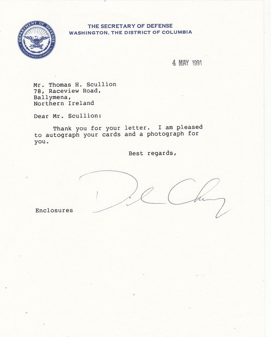 Richard (Dick) Cheney (U.S.A.) signed 'Dick Cheney' on Secretary of Defence Letterhead, 4 May 1991 - 2