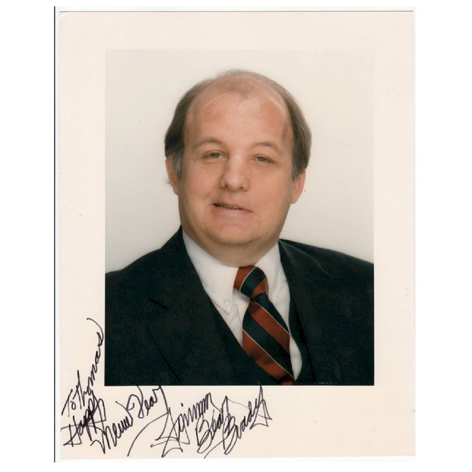 James Brady (U.S.A.) signature on Studio Photograph: Assistant to President Reagan He was permanently disabled when shot in the head during an attempted assassination on the President His operation scars are clearly visible in the photograph Size Photo