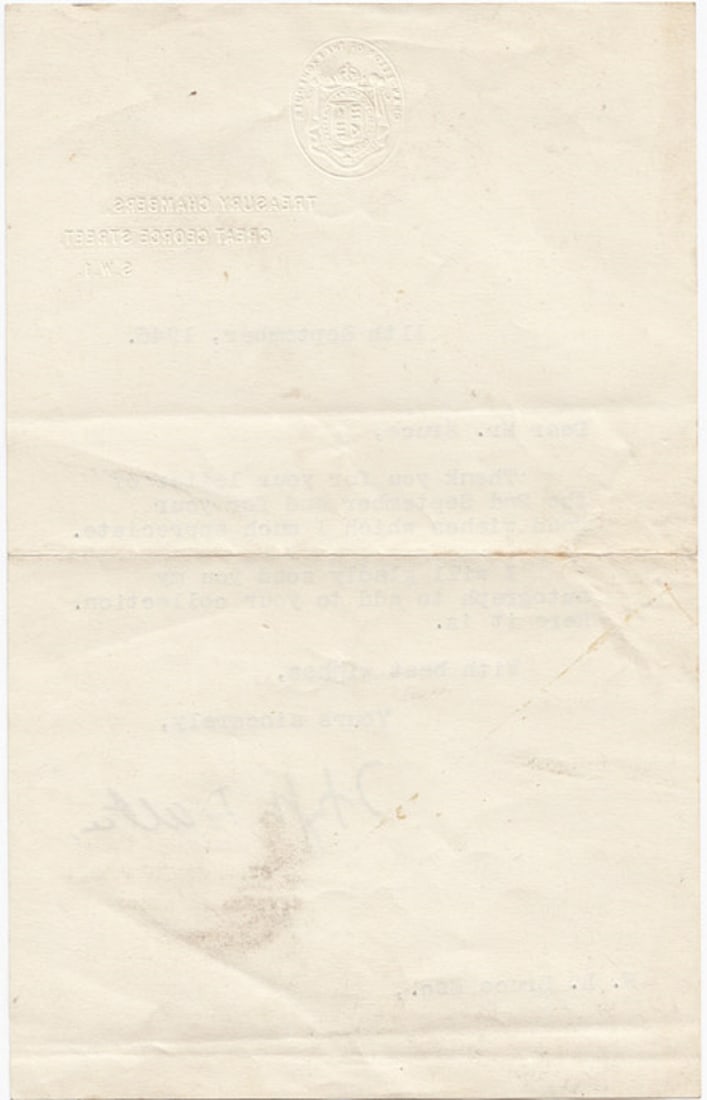 Hugh Dalton (Great Britain) signature on Letterhead of the 'Treasury Chambers', 11th September, 1946 - 2