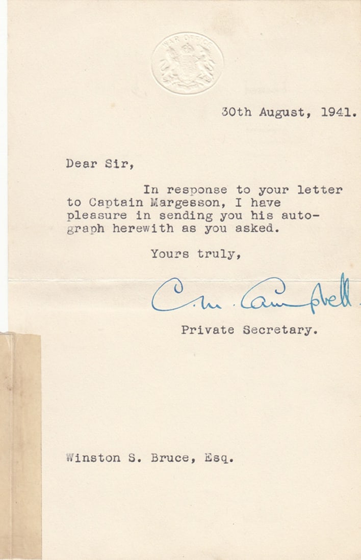 Captain Henry Margesson (Great Britain) WWII signature on paper as Secretary of State for War - 2