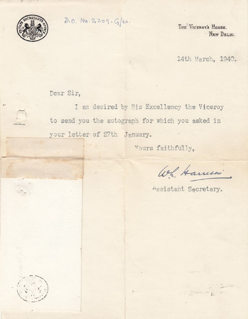 Lord Linlithgow (Great Britain) WWII signature on Official Card of the Viceroy's House, New Delhi - 2