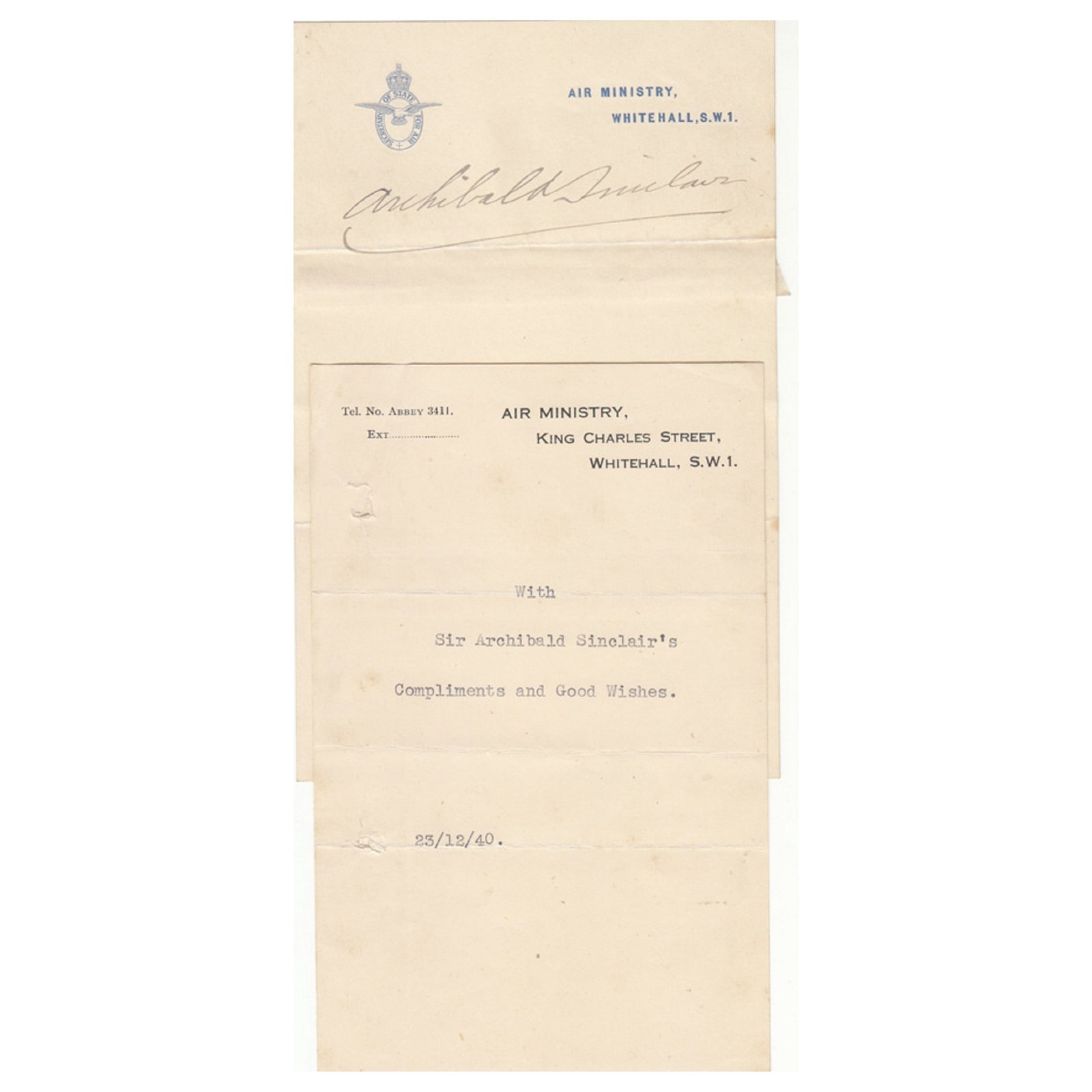 Archibald Sinclair (Great Britain) WWII signature on official Air Ministry note paper: Elected a Liberal, he signed as Secretary of State for Air in Churchill's All-Party War Coalition Government. Comes with a note dated 23/12/40 Medium Historical, Political and Famous