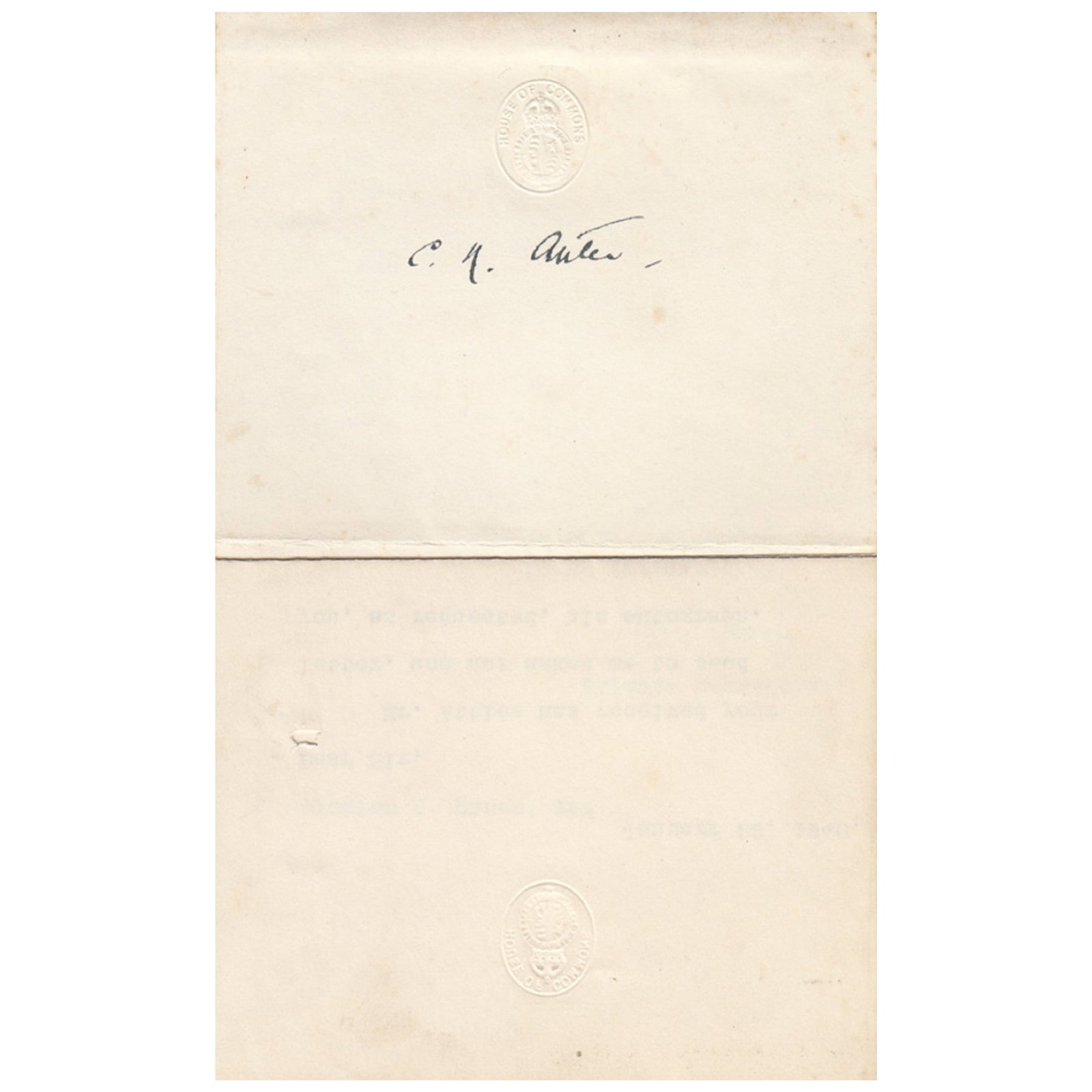 Clement Attlee (Great Britain) WWII signature on House of Commons note paper: Signed as Leader of the Opposition. British Labour Prime Minister 1945-1951. Comes with a note from his Private Secretary dated January 22, 1940 Medium Historical, Political and Famous Exhibited