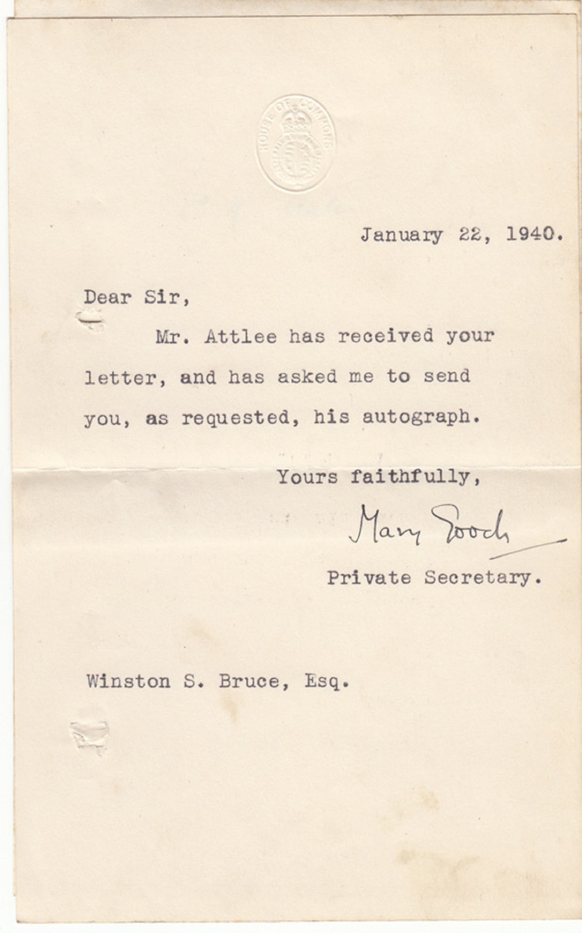 Clement Attlee (Great Britain) WWII signature on House of Commons note paper - 2