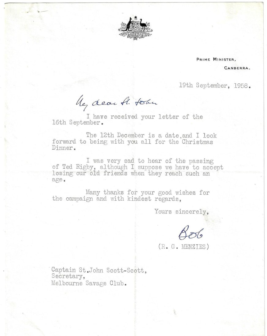 Sir Robert (Bob) Menzies (Australia) signed correspondence dated 1958 (2 Letters plus Reply) - 2