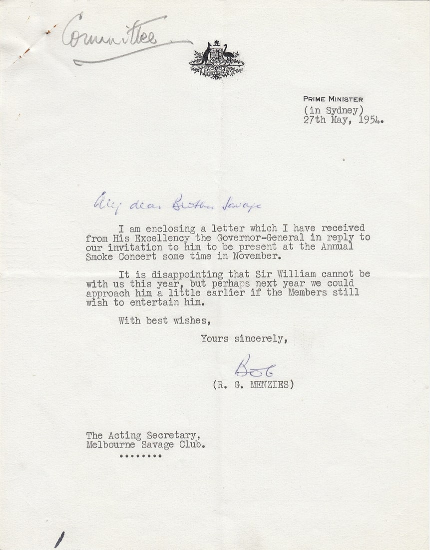 Sir Robert (Bob) Menzies (Australia) signed correspondence with Sir William Slim, 1954 (2 items) - 2