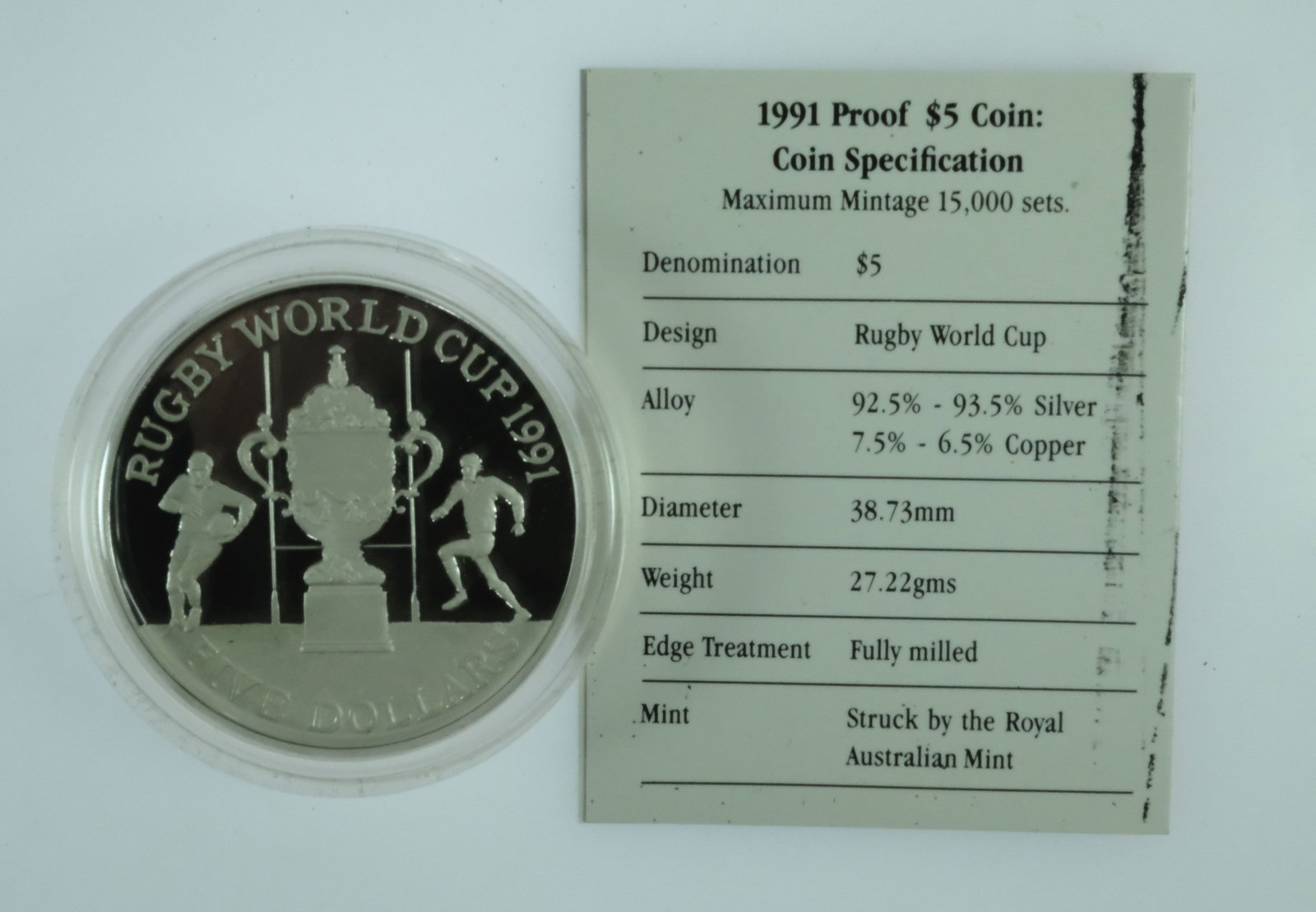 New Zealand 1991 'Rugby World Cup' Silver (925) Proof $5, FDC - 5