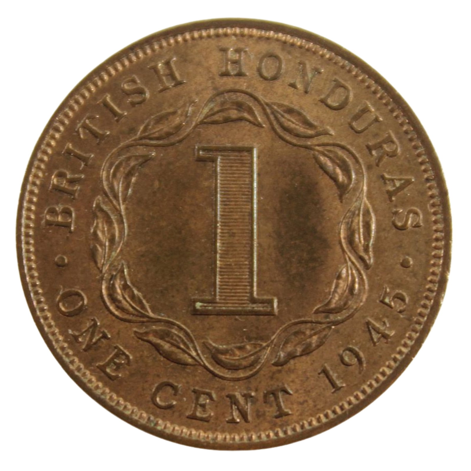 British Honduras 1945 Cent, Choice Uncirculated: KM# 21 Condition Subdued bloom Medium Coins, Monies & Stamps