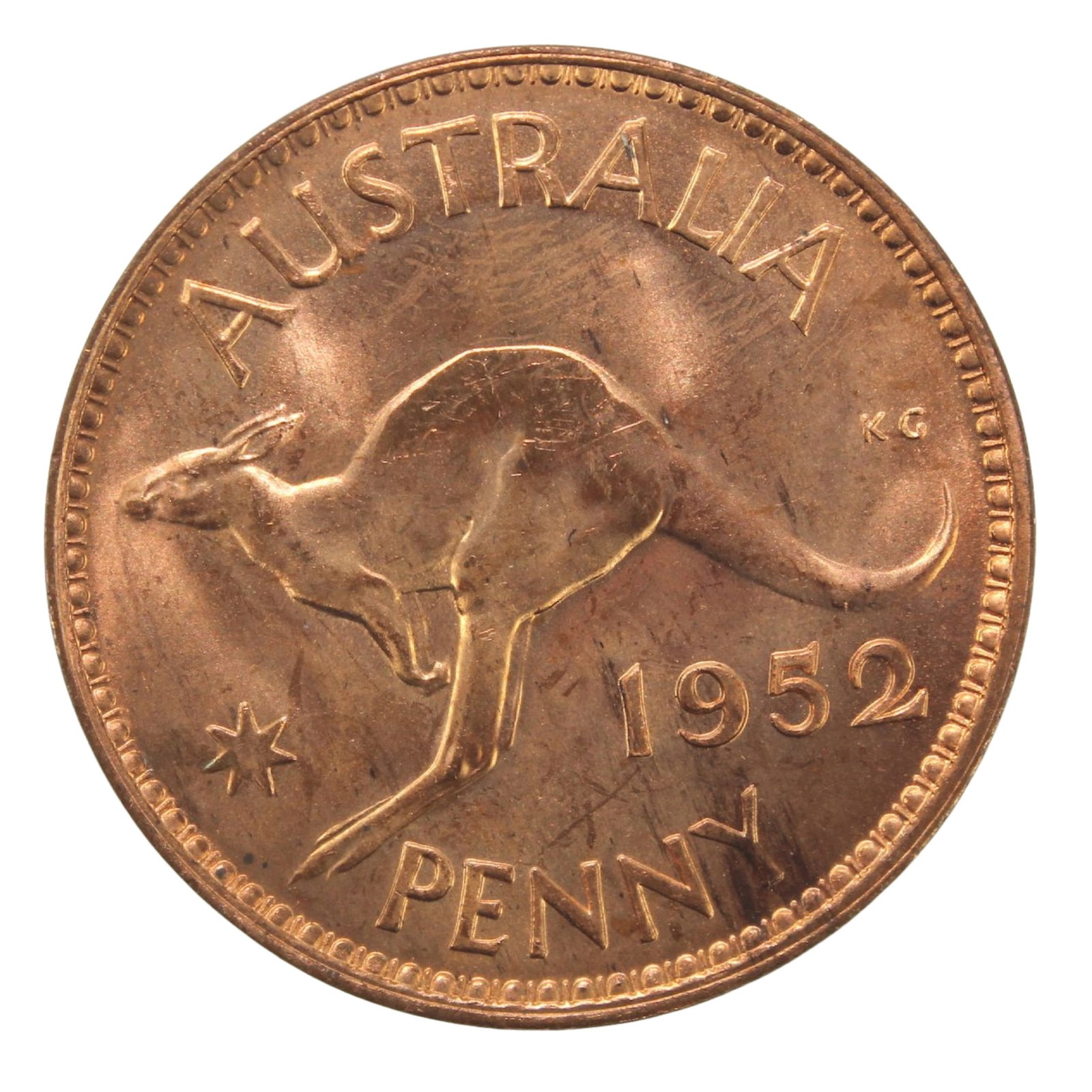 Australia 1952 (M) Penny, near Gem: George VI Condition Red, Carbon streak on obverse Medium Coins, Monies & Stamps
