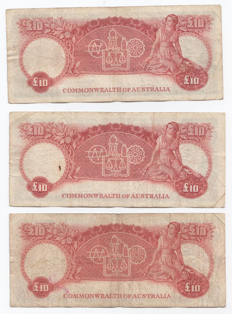 Australia 'Coombs - Wilson Commonwealth £10, Fine or better (3 notes) - 2
