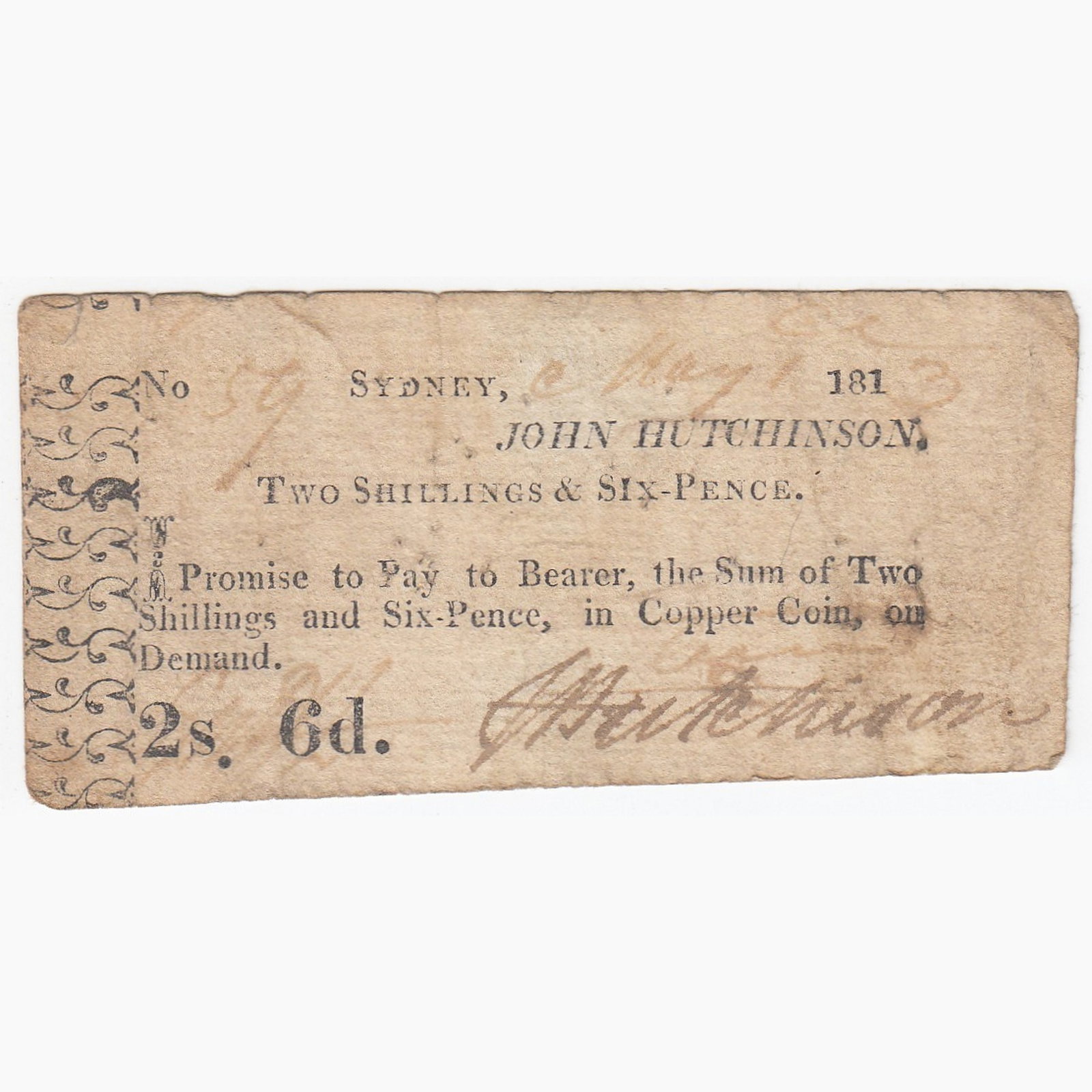 NSW (Australia) 181(3) John Hutchinson Two Shillings & Six-pence Promissory Note, Very Fine: 'JH' initialled over the '2s. 6d' possibly to show it had been retrieved by the trader. The words Copper Coin are 'ruled out' and 'Currency' written in Condition Pin holes Medium Coins, Monies & Stamp