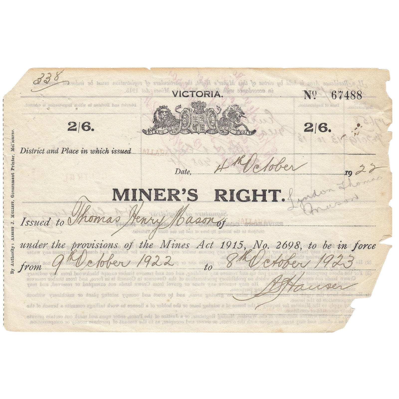 Victoria (Australia) Miner's Right dated 4 October 1922, Very Fine but missing corner (1 of 2)