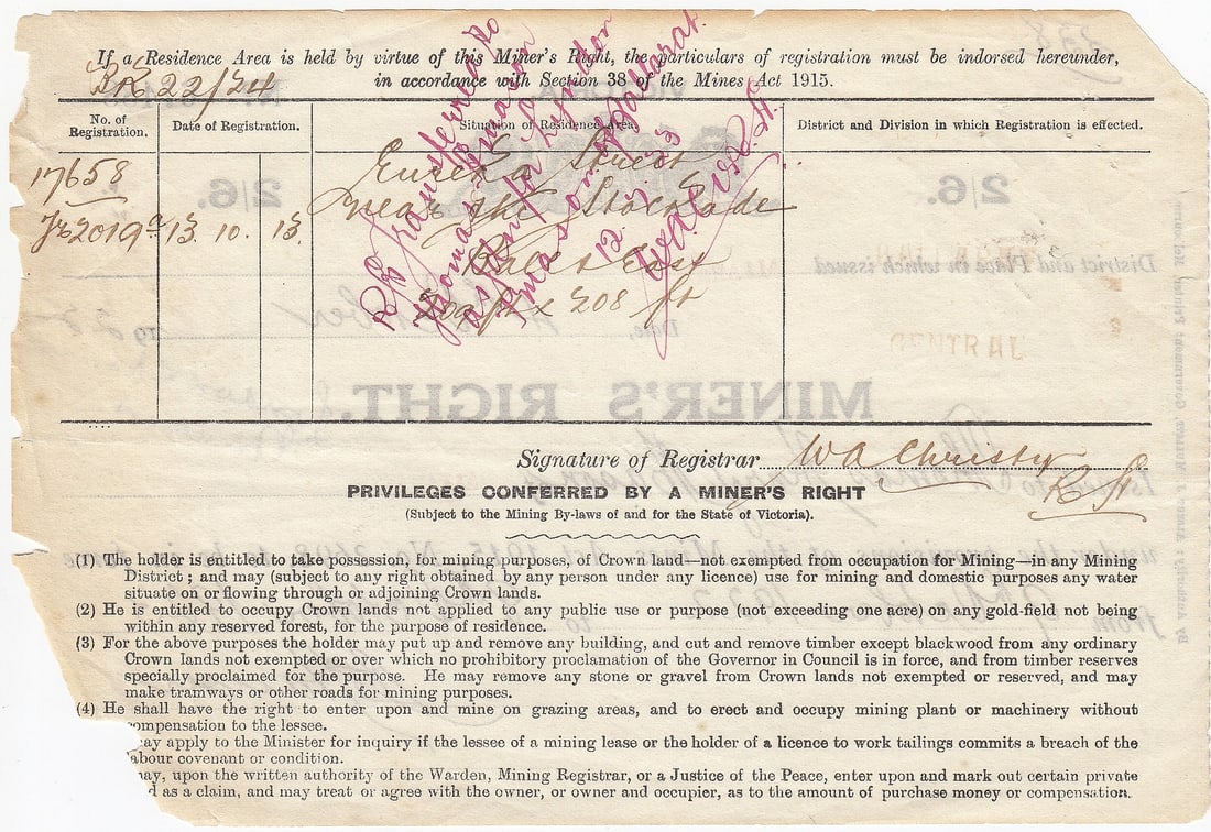 Victoria (Australia) Miner's Right dated 4 October 1922, Very Fine but missing corner - 2