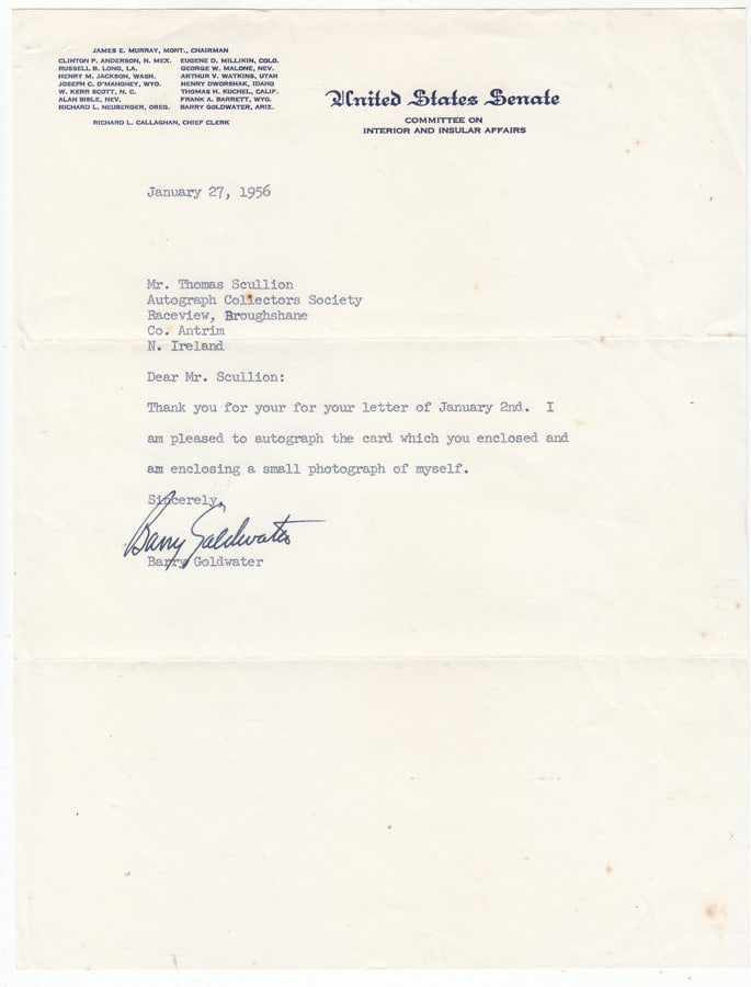 Barry Goldwater (U.S.A.) signatures on Studio Photograph & U.S. Senate letterhead, January 27, 1956 - 2