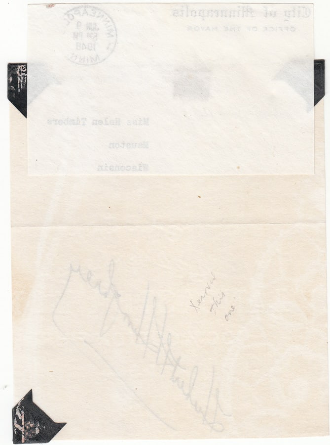 Hubert H. Humphrey (U.S.A.) Jun 9 1948 signature on the official City of Minneapolis letterhead - 2
