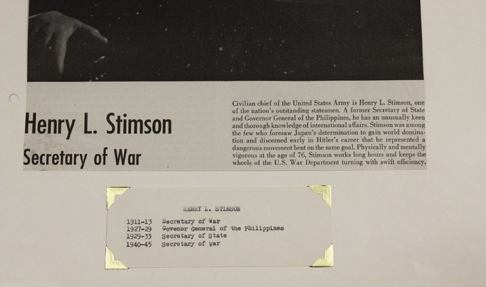Henry L Stimson (U.S.A.) WWII signature on the Official "Secretary of War" Card - 2