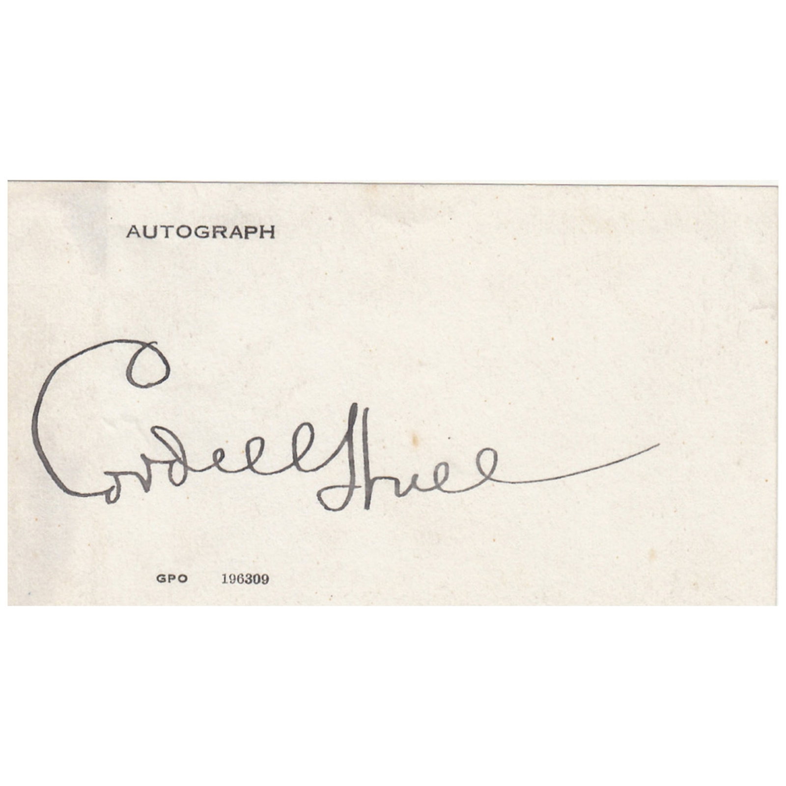 Cordell Hull (U.S.A.) signature on paper: Secretary of State from 1933-1934 under President Roosevelt Medium Historical, Political and Famous