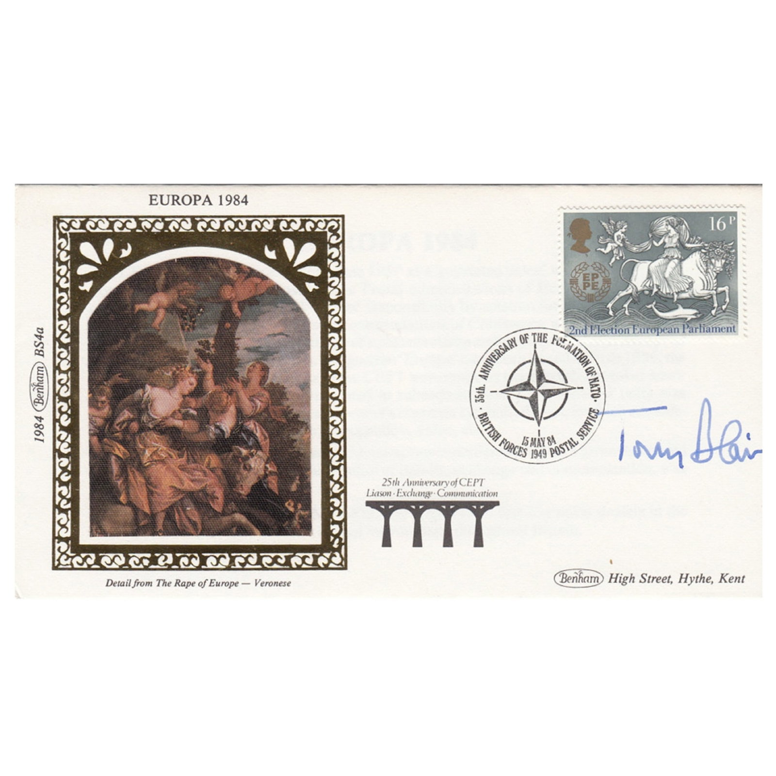 Tony Blair (Great Britain) early signature on a First Day Cover: British Labour Prime Minister 1997 - 2007. 'Europa 1984, '35th Anniversary of the Formation of NATO' Medium Historical, Political and Famous Exhibited Political