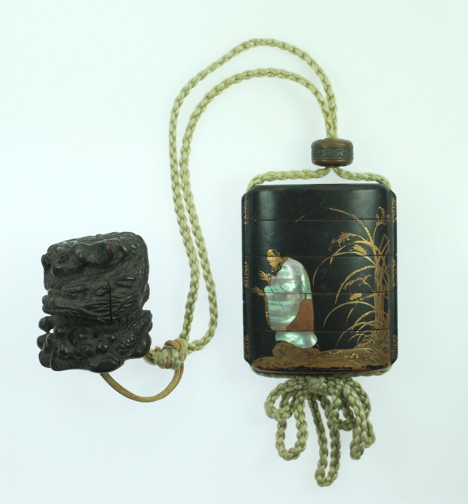 Vintage Japanese Inro decorated with Male & Female figures & tethered to Wooden Netsuke of a Dragon - 2