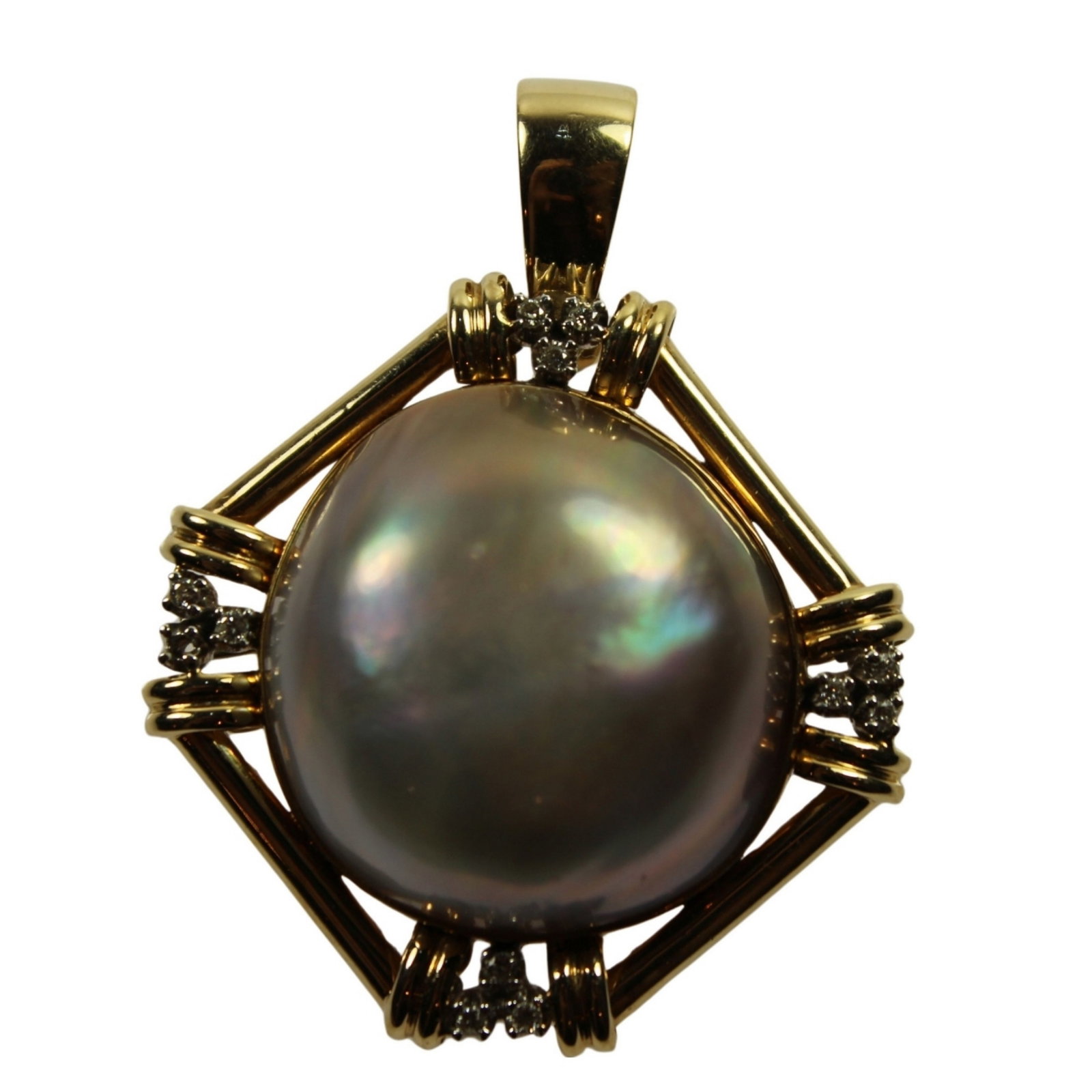 Imposing Mabe Pearl & Diamond Pendant / Enhancer in 14ct Yellow Gold: . Size Hangs 5cms : Total weight 15.79gms Medium Necklaces & Pendants