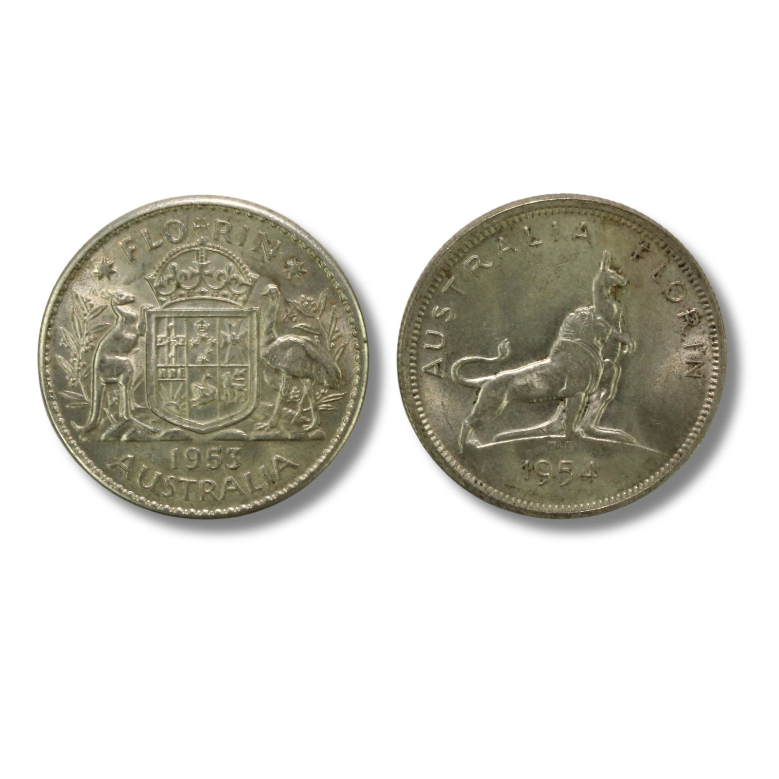 Australia 1953 and 1954 'Royal Visit of QEII' Silver Florins (2 coins): 1953 'First QEII Florin' & 1954 'First Visit of a Reigning Monarch to Australia' Medium Coins, Monies & Stamps Exhibited Coins, Australia & New Zealand