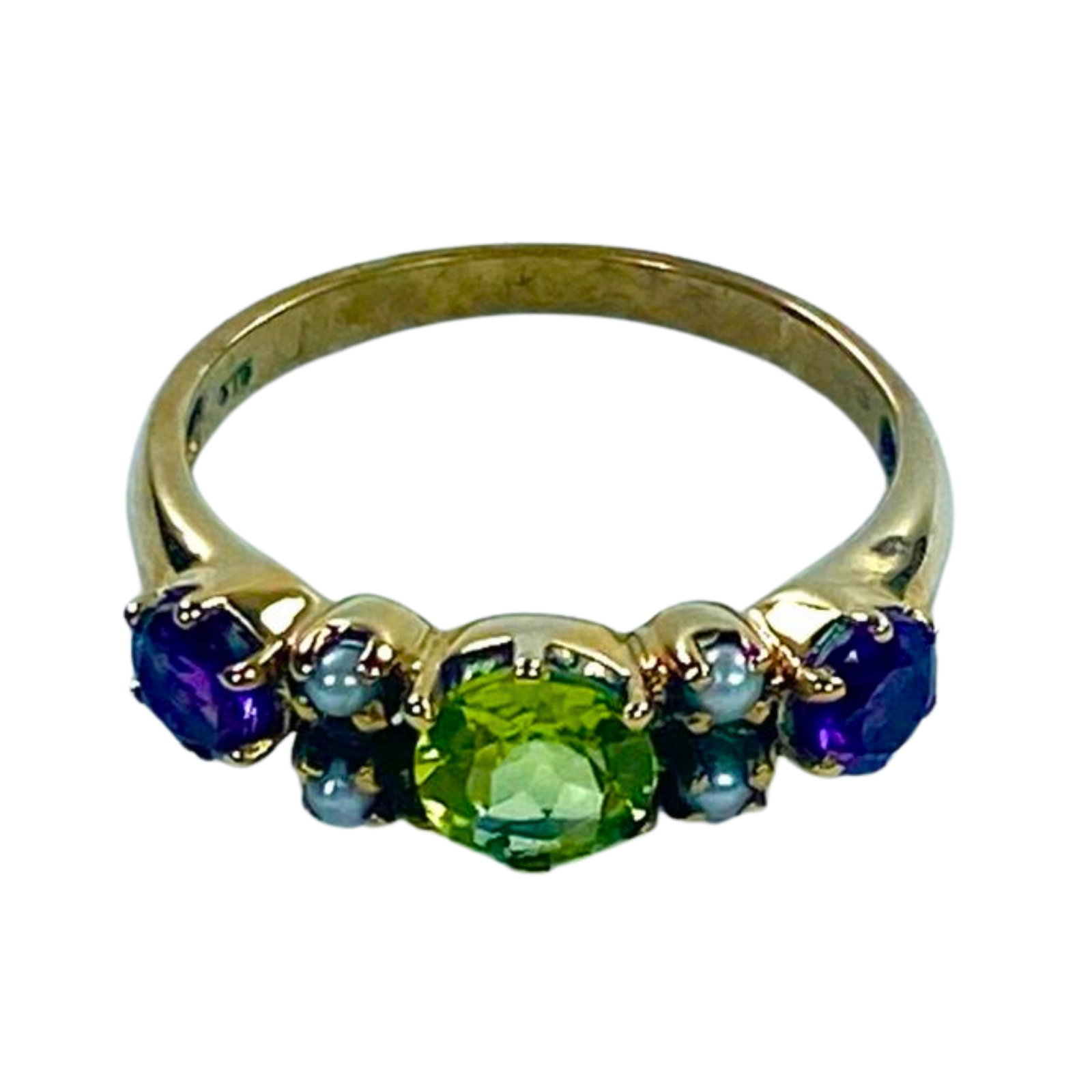 9ct Yellow Gold Suffragette Style Peridot, Amethyst & Seed Pearl Ring: . Size Size N : Total Weight 2.44gms Medium Rings Exhibited Peridot