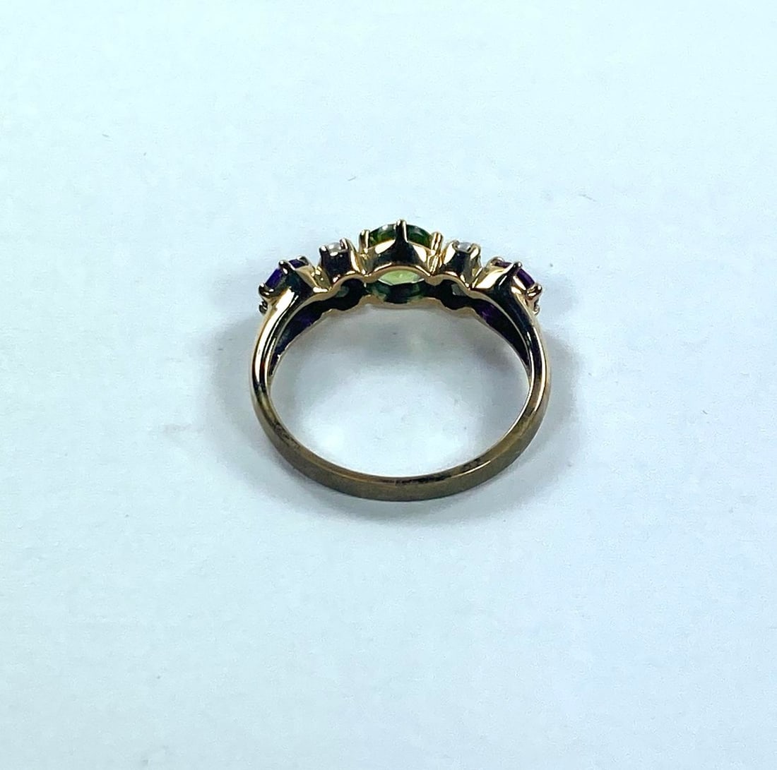9ct Yellow Gold Suffragette Style Peridot, Amethyst & Seed Pearl Ring - 4